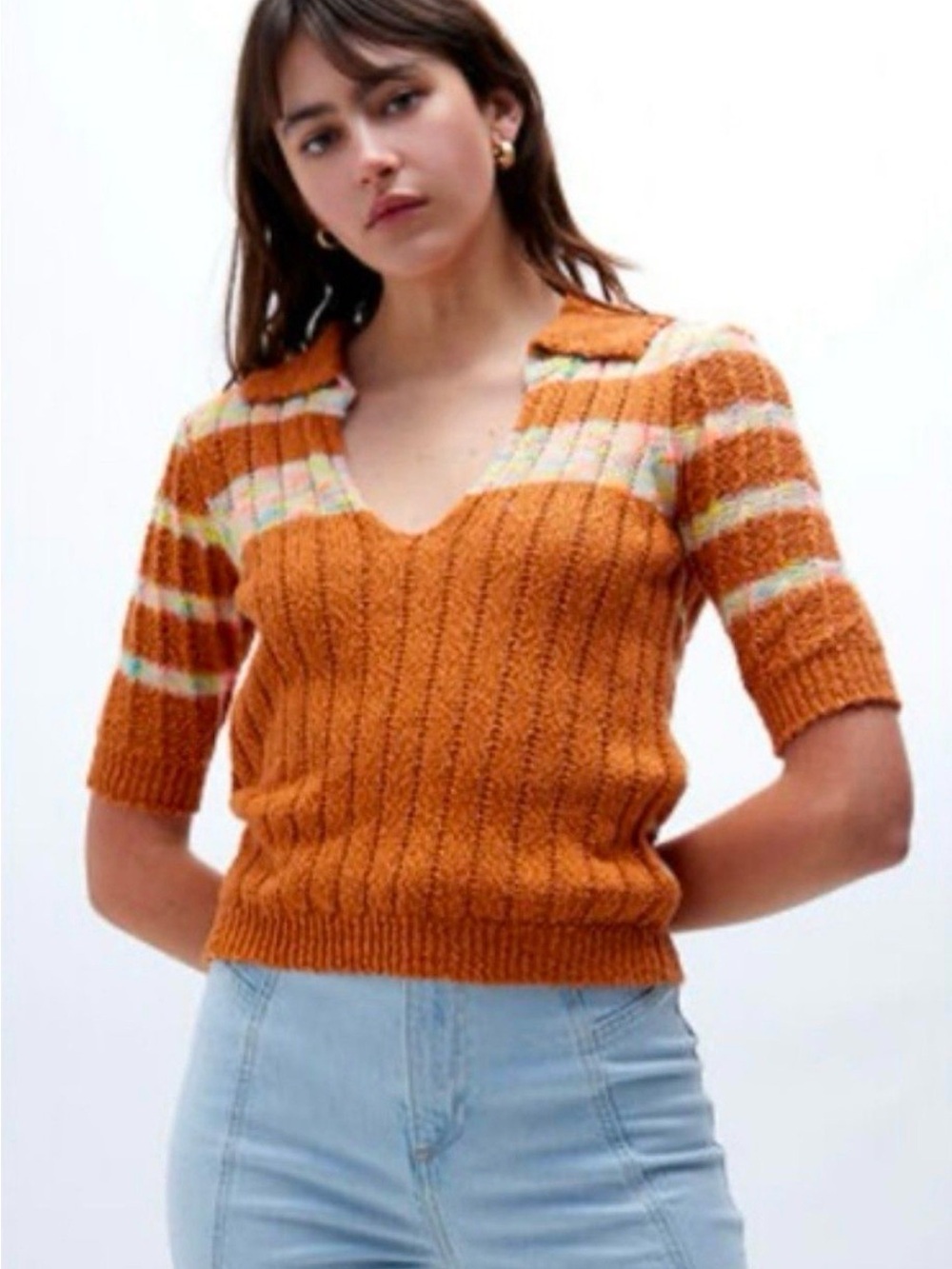 Free People Now and Then Sweater NWT Cinnamon Combo Collared Knit Henley S